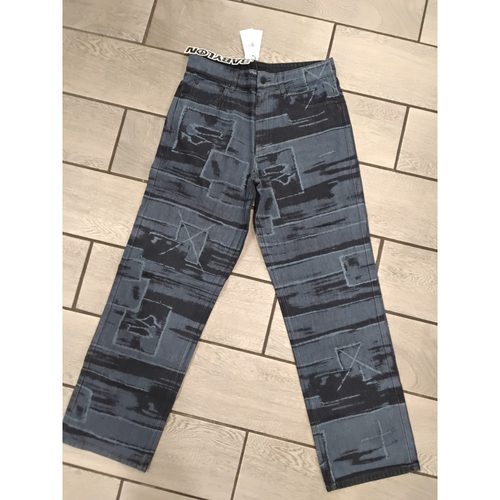 Babylon LA Mens Dark Laser Baggy 5PK Jeans Blue Graphic Streetwear 32x32 NEW